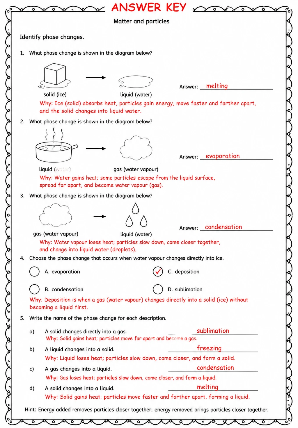 Answer key for Identify phase changes — free printable Science worksheet