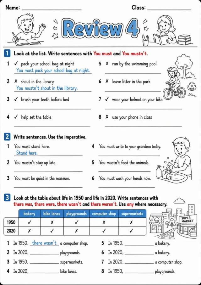 Must and Mustn't: Review 4 | Grades 3-4 Grammar Worksheet grades 3 4 printable PDF preview