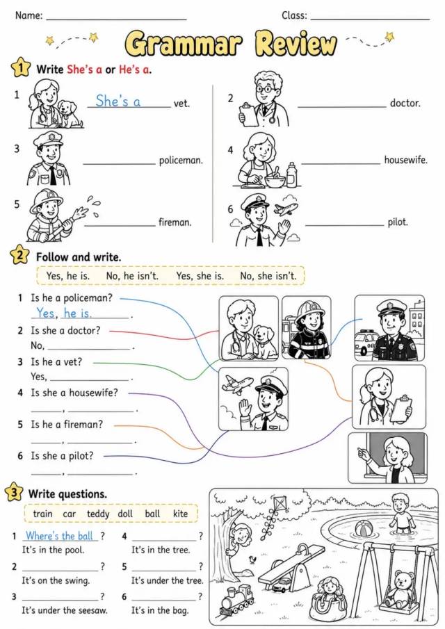 Jobs Short Answers and Where Questions | Grade 1 Grammar Review grade 1 printable PDF preview