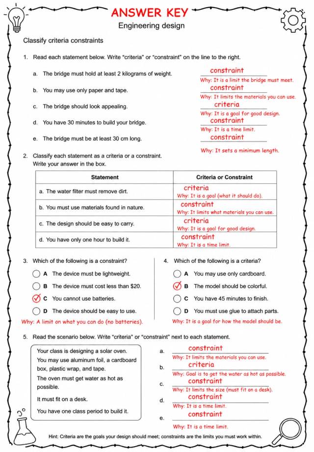 Answer key for Classify criteria constraints — free printable Science worksheet