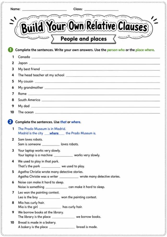 Build Your Own Relative Clauses | Grades 5-6 Grammar Worksheet grades 5 6 printable PDF preview