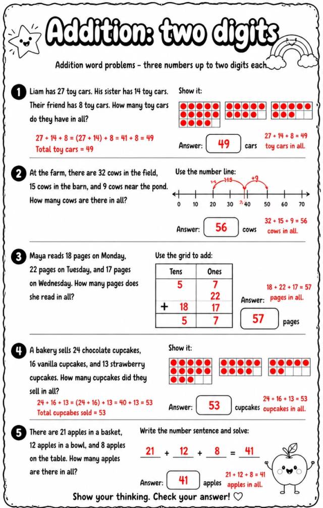 Answer key for Addition word problems - three numbers up to two digits each — free printable Math worksheet