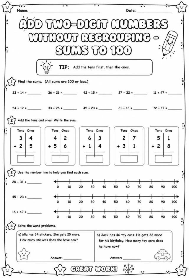 Add two-digit numbers without regrouping - sums to 100 — free printable Grade 2 math worksheet