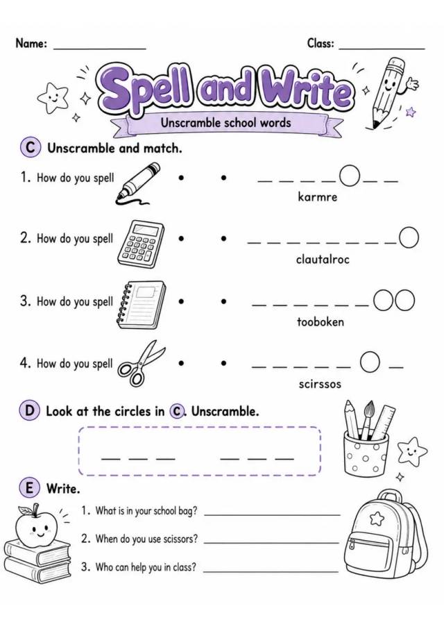 Spell And Write | Grade 2 Vocabulary Worksheet grade 2 printable PDF preview