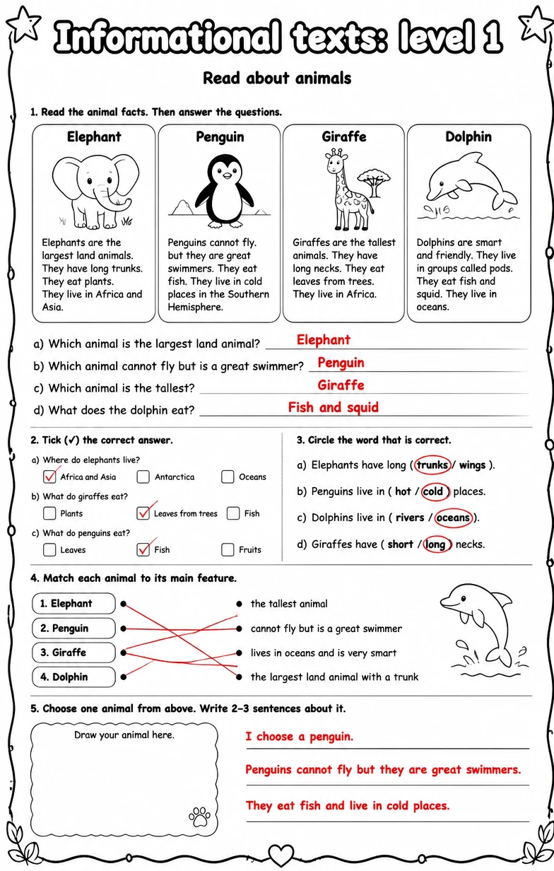 Answer key for Read about animals — free printable English & Reading worksheet