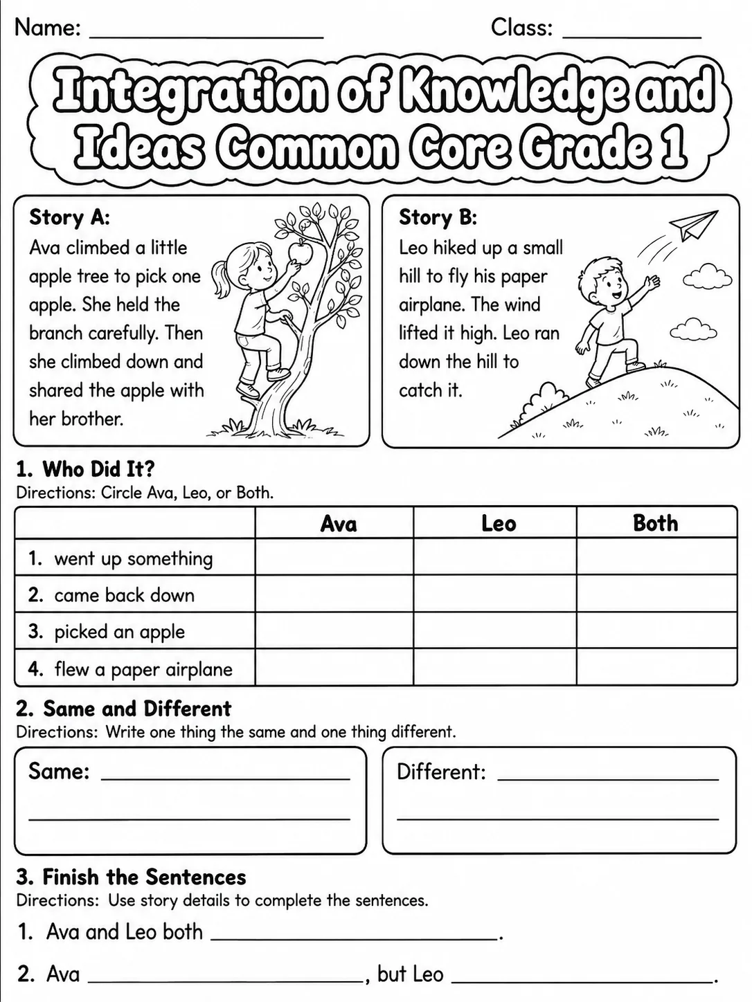 Integration of Knowledge and Ideas Common Core Grade 1 printable Common Core ELA Grade 1 worksheet preview from KiwiBee