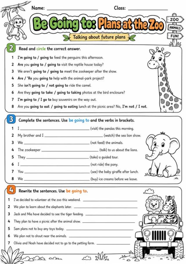 Be Going To: Plans At The Zoo | Grade 5 Grammar Worksheet grade 5 printable PDF preview