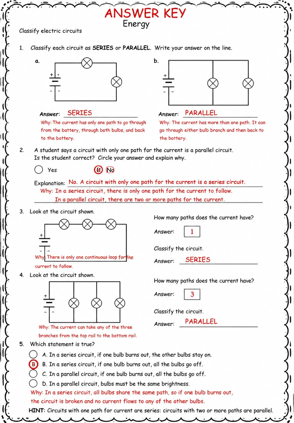 Answer key for Classify electric circuits — free printable Science worksheet