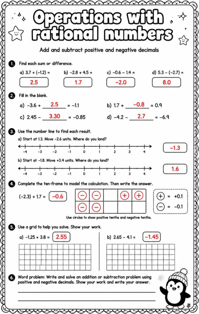 Answer key for Add and subtract positive and negative decimals — free printable Math worksheet