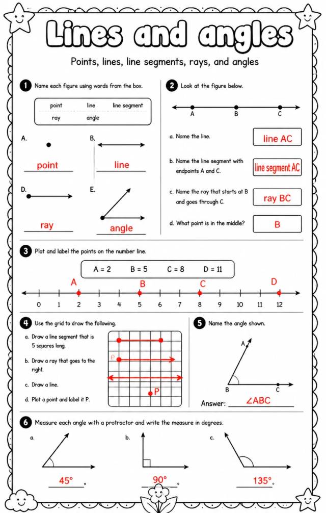 Answer key for Points, lines, line segments, rays, and angles — free printable Math worksheet