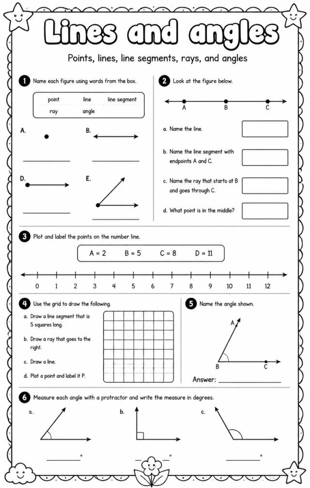Points, lines, line segments, rays, and angles — free printable Grade 4 math worksheet