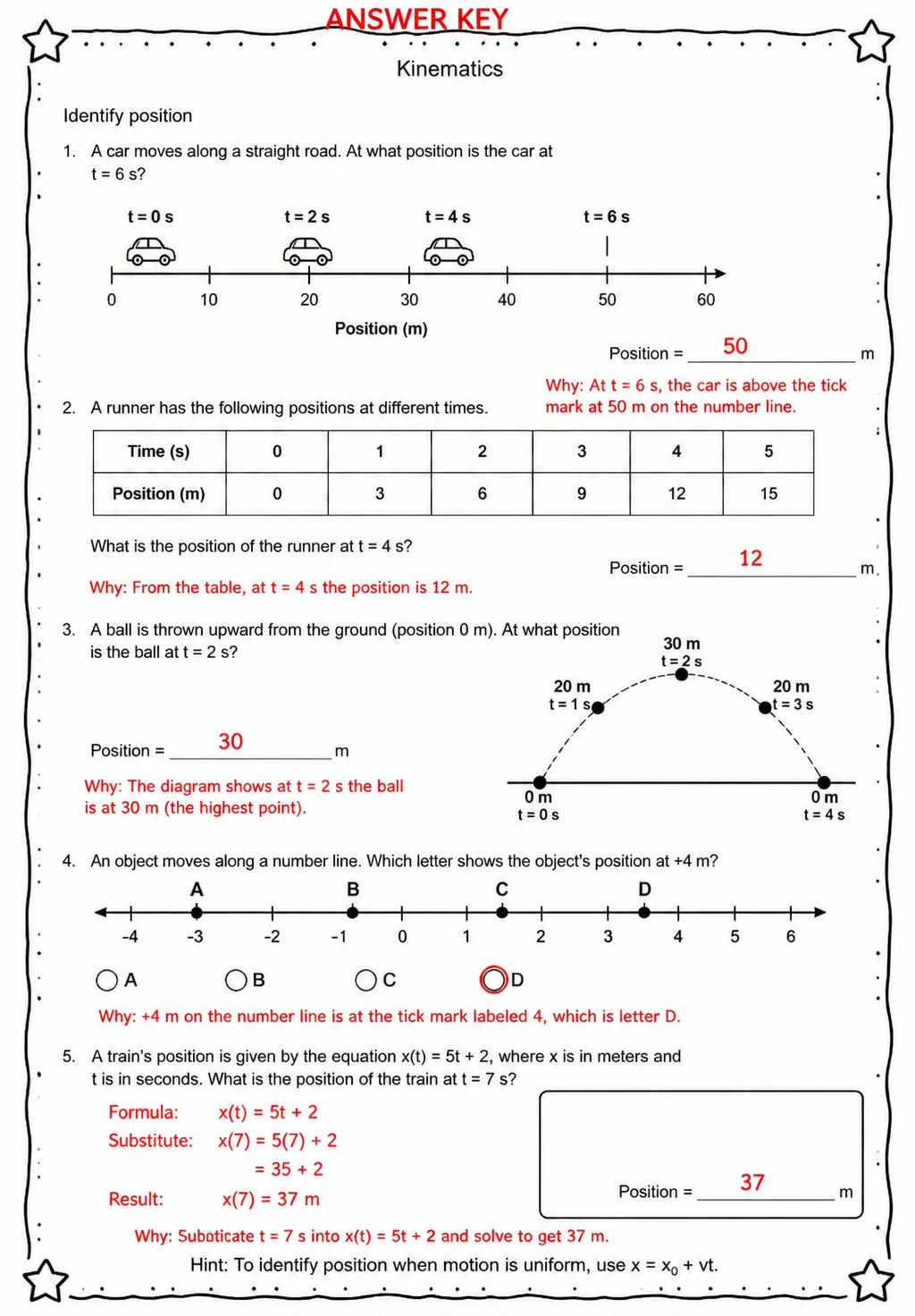 Answer key for Identify position — free printable Science worksheet