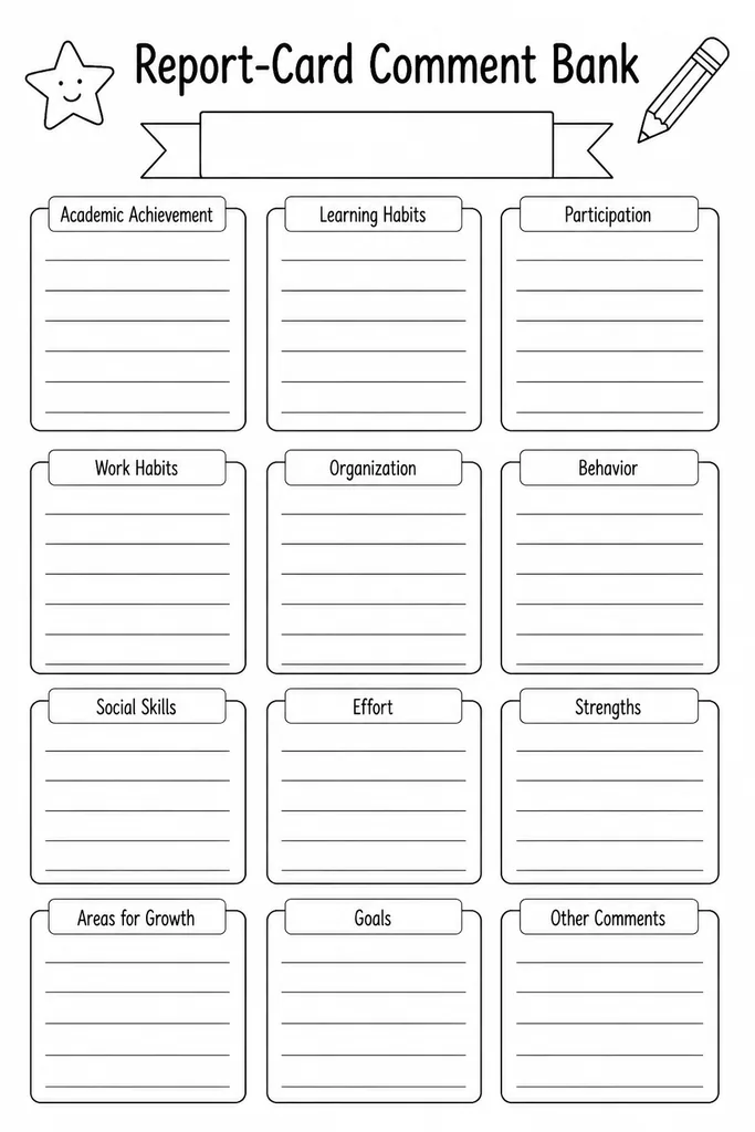 Blank printable report-card comment bank template with organised sections for storing teacher report phrases on A4 paper