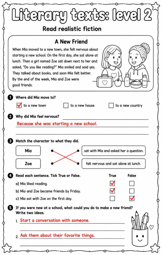 Answer key for Read realistic fiction — free printable English & Reading worksheet