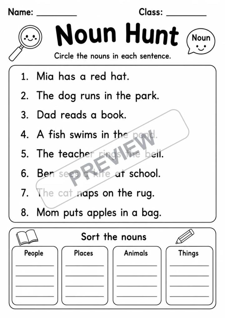 First Grade Grammar Essentials Mega Pack | 9 Worksheets | Grade 1 watermarked worksheet preview