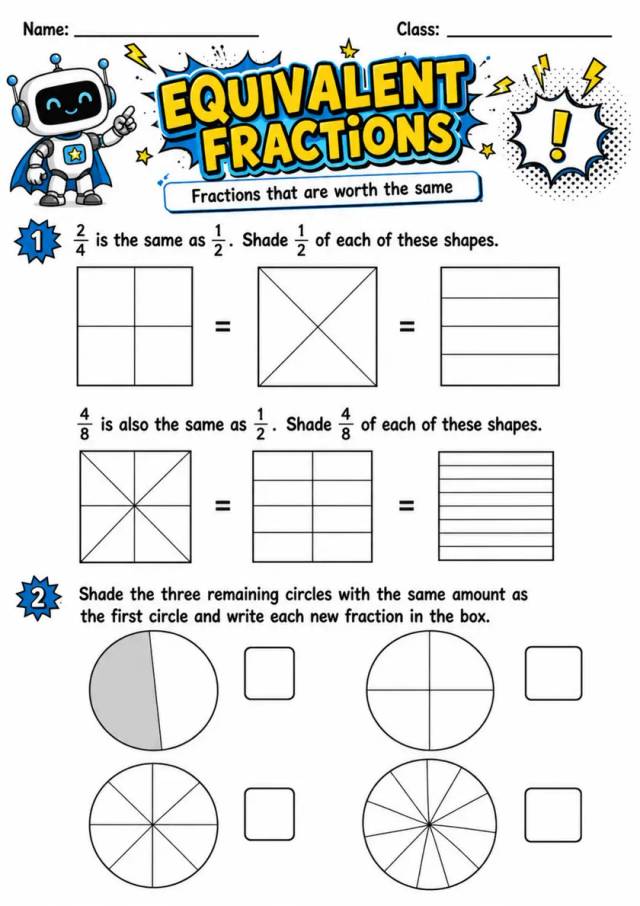 EQUIVALENT FRACTIONS - Grade 3 Math Worksheet grade 3 printable PDF preview