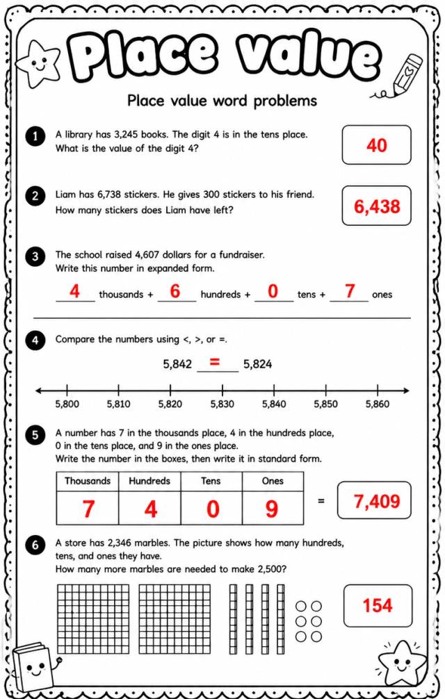 Answer key for Place value word problems — free printable Math worksheet