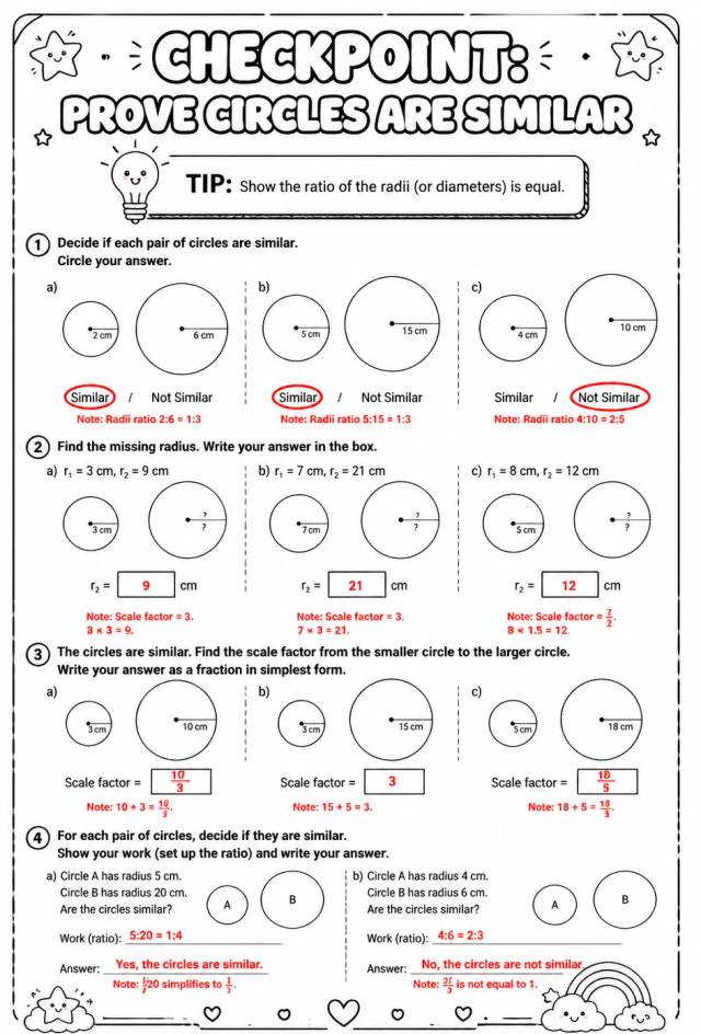 Answer key for Checkpoint: Prove circles are similar — free printable Math worksheet