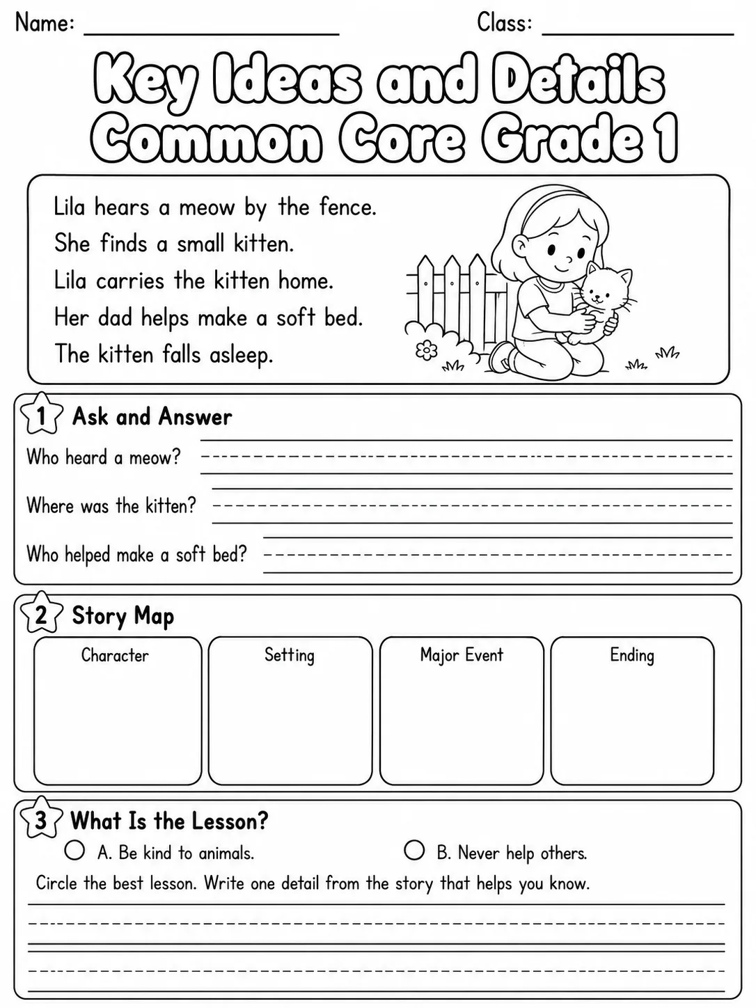 Key Ideas and Details Common Core Grade 1 printable Common Core ELA Grade 1 worksheet preview from KiwiBee