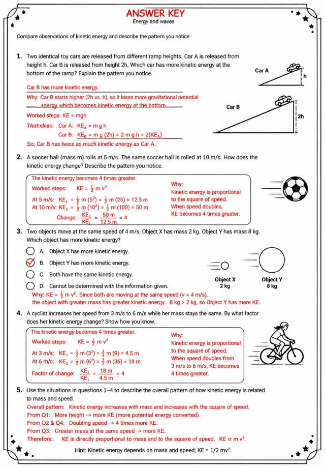 Answer key for Compare observations of kinetic energy and describe the pattern you notice — free printable Science worksheet