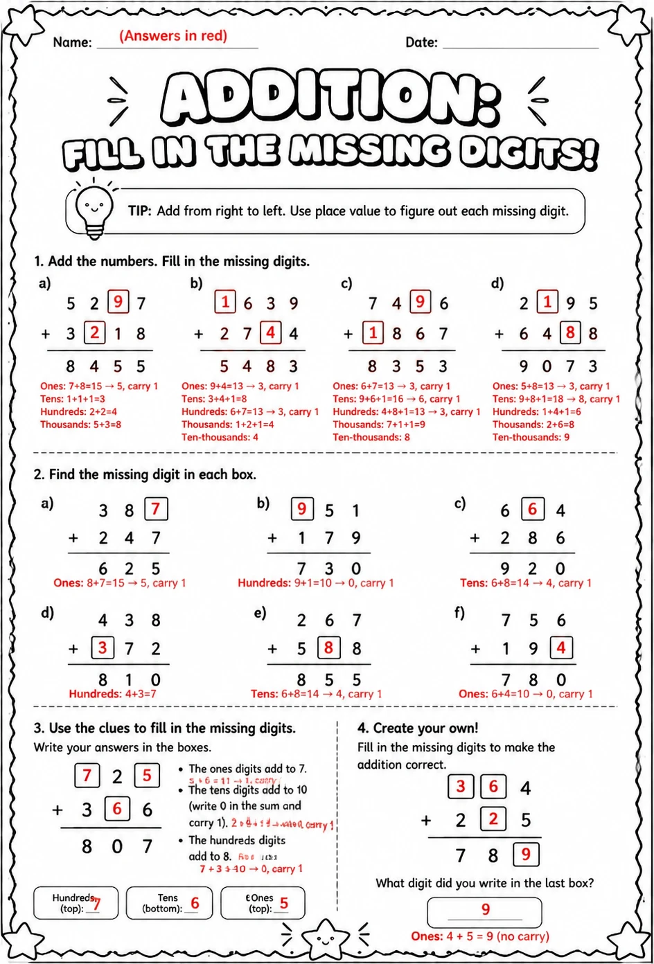 Answer key for Addition: fill in the missing digits — free printable Math worksheet