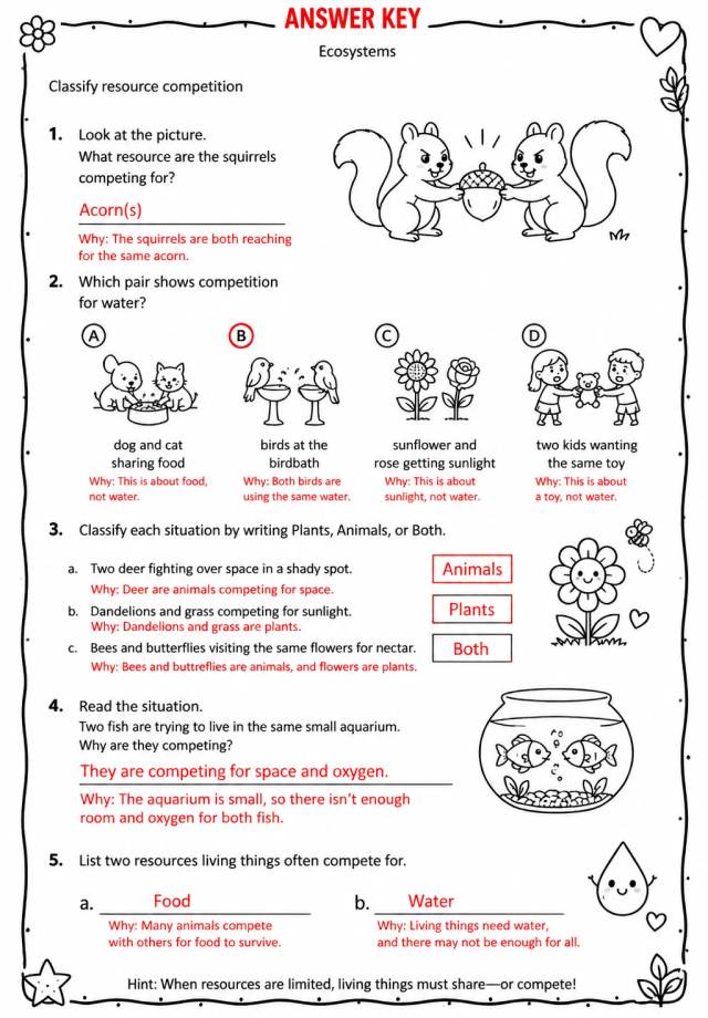 Answer key for Classify resource competition — free printable Science worksheet