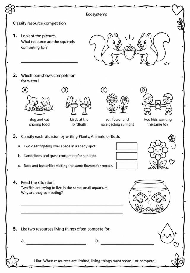 Classify resource competition — free printable Grade 4 Science worksheet
