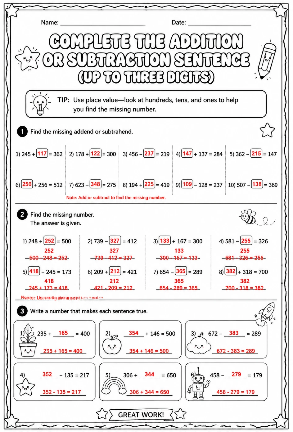 Answer key for Complete the addition or subtraction sentence: up to three digits — free printable Math worksheet