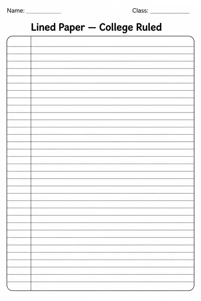 Free printable college-ruled lined paper template with narrow line spacing and a red vertical margin line on the left side