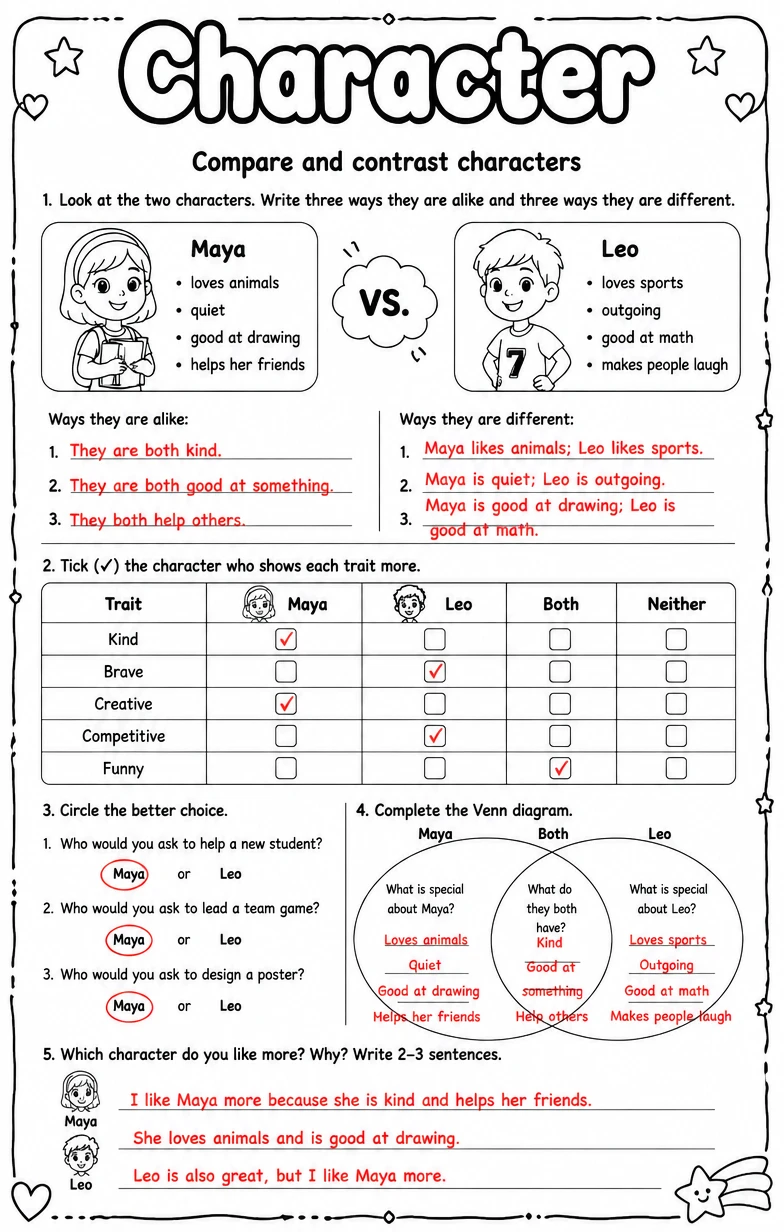 Answer key for Compare and contrast characters — free printable English & Reading worksheet