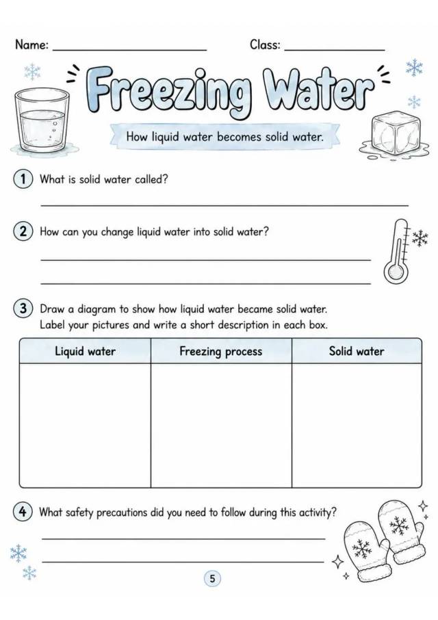 Freezing Water - Grade 3 Science Worksheet grade 3 printable PDF preview