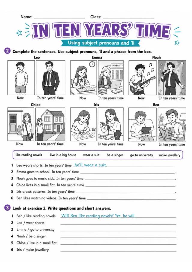 In Ten Years' Time | Grade 5 Grammar Worksheet grade 5 printable PDF preview