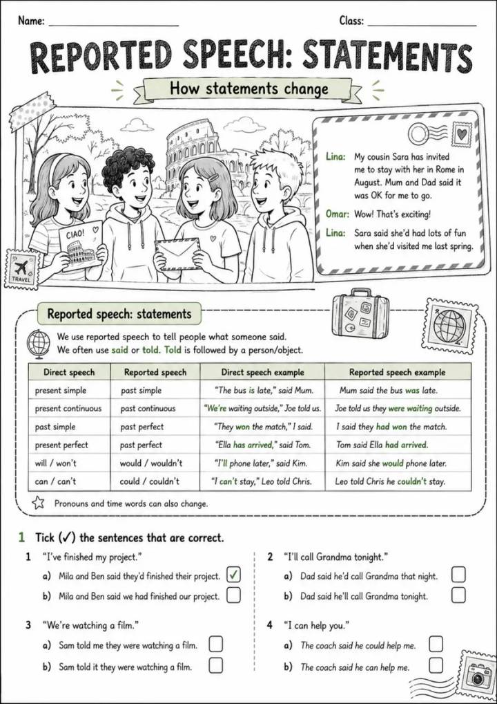 Reported Speech Statements Pack - 4 Worksheets | Grades 5-6 Grammar grades 5 6 printable PDF preview