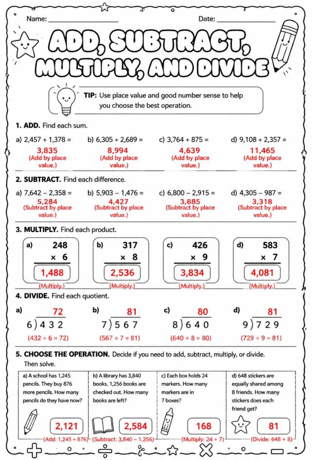 Answer key for Add, subtract, multiply, and divide — free printable Math worksheet