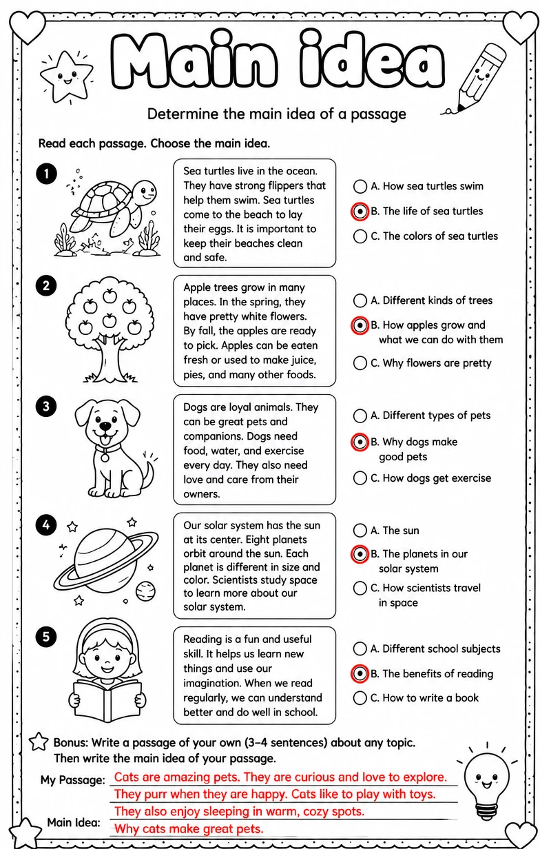Answer key for Determine the main idea of a passage — free printable English & Reading worksheet