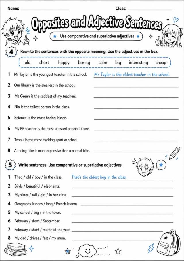 Opposites And Adjective Sentences | Grade 5 Grammar Worksheet grade 5 printable PDF preview