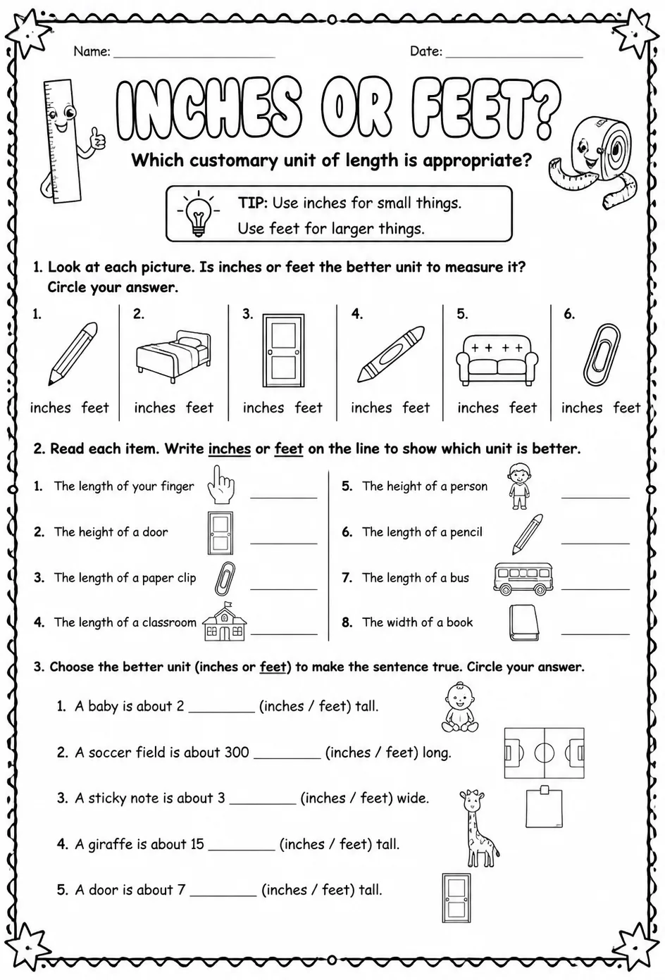 Which customary unit of length is appropriate: inches or feet? — free printable Grade 2 math worksheet