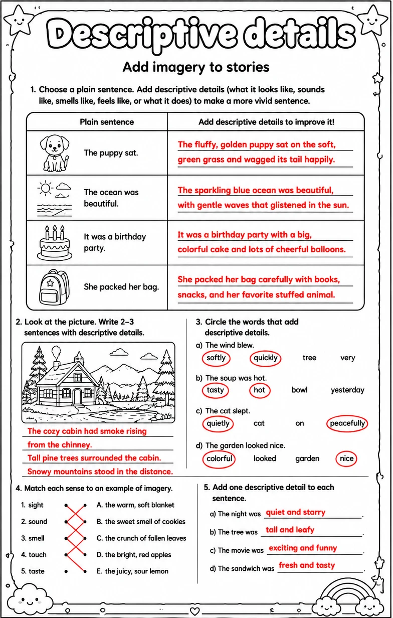 Answer key for Add imagery to stories — free printable English & Reading worksheet