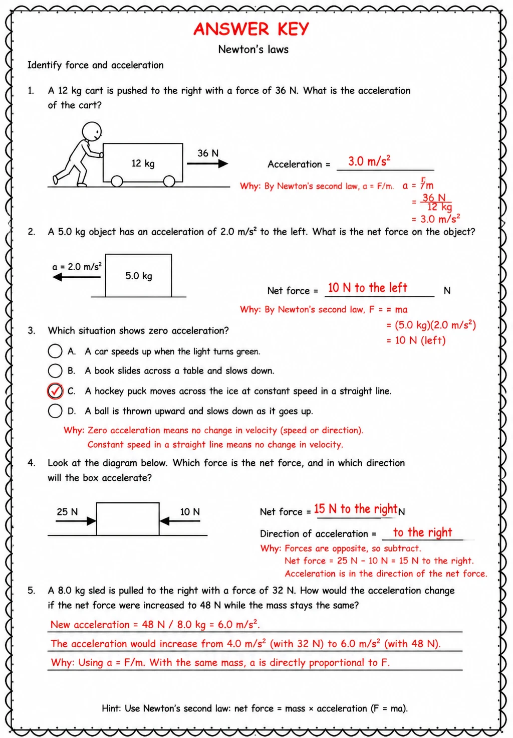 Answer key for Identify force and acceleration — free printable Science worksheet