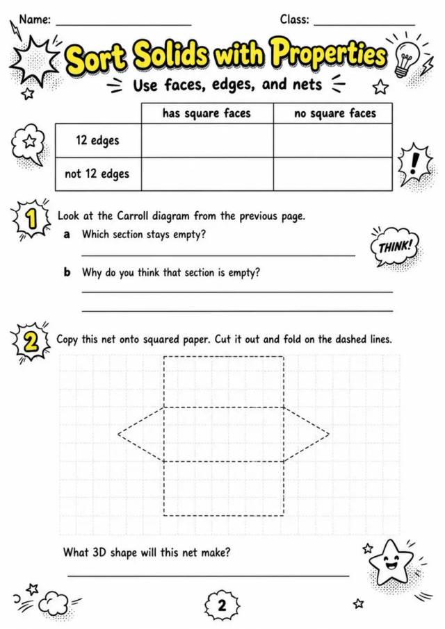 Sort Solids with Properties - Grade 3 Math Worksheet grade 3 printable PDF preview