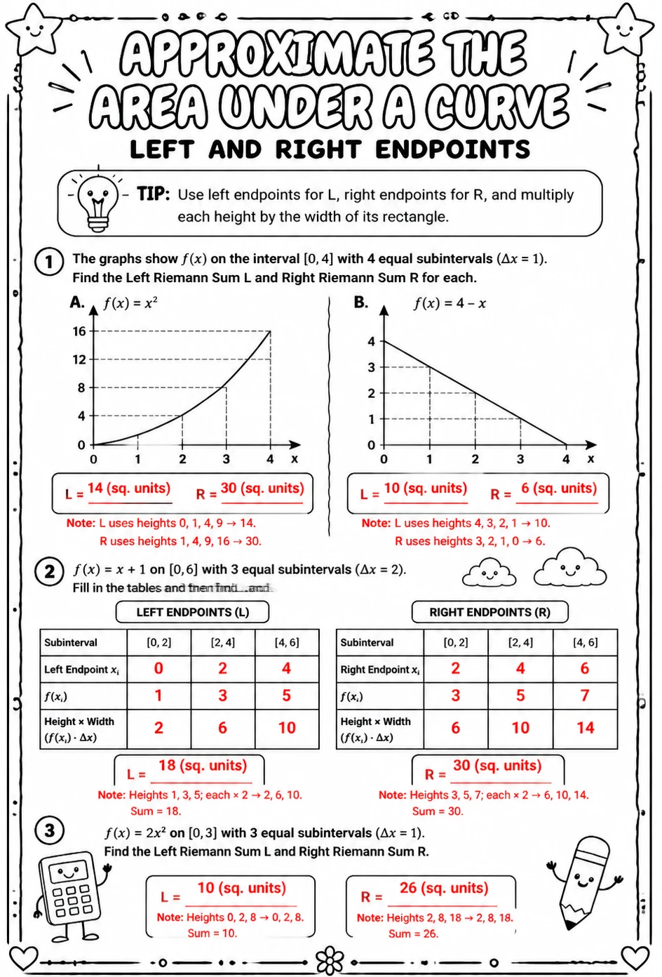 Answer key for Approximate the area under a curve: left and right endpoints — free printable Math worksheet