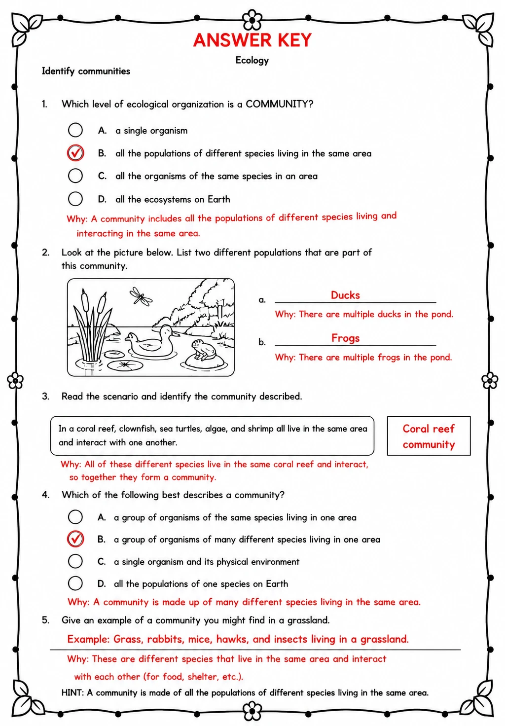 Answer key for Identify communities — free printable Science worksheet