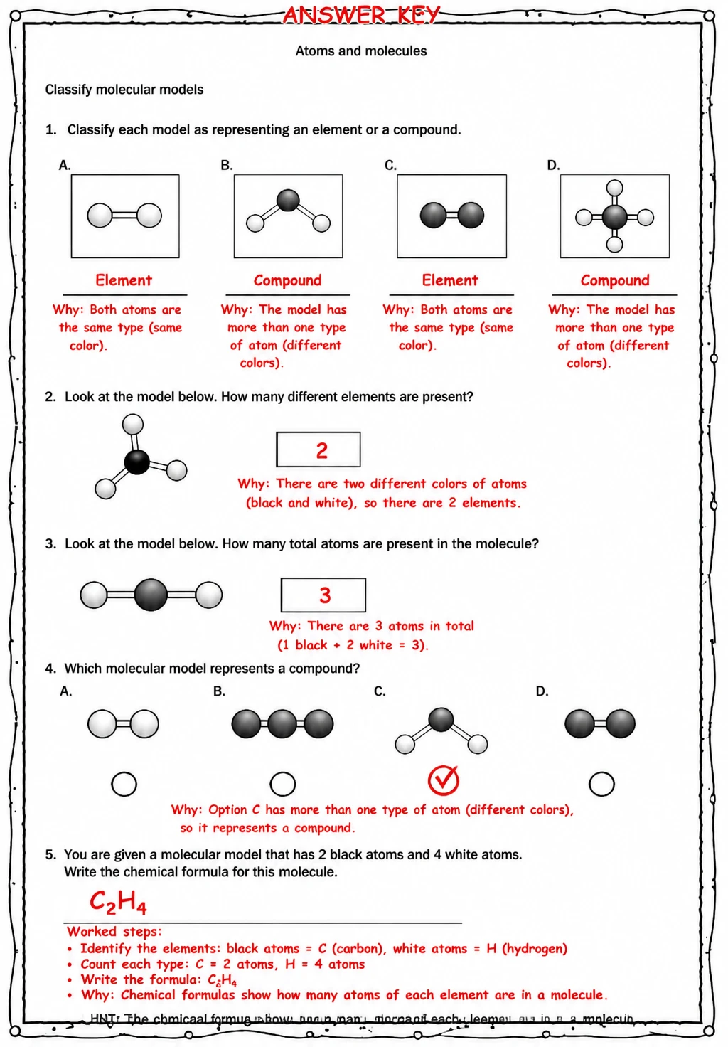 Answer key for Classify molecular models — free printable Science worksheet