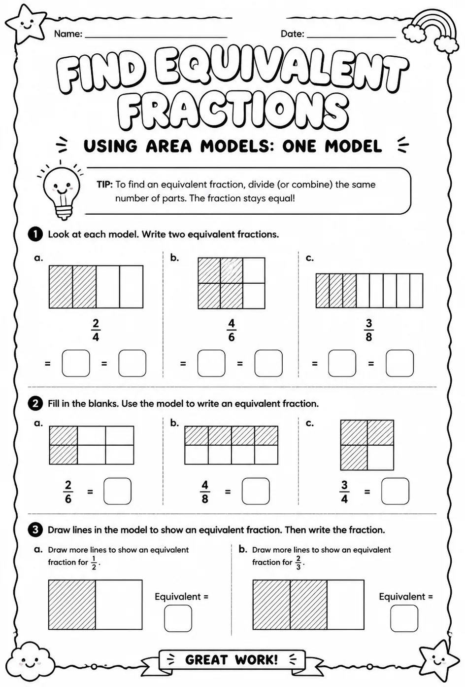 Find equivalent fractions using area models: one model — free printable Grade 3 math worksheet