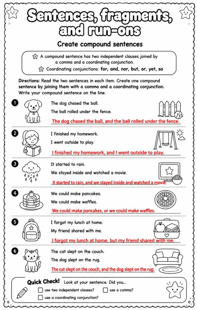 Answer key for Create compound sentences — free printable English & Reading worksheet