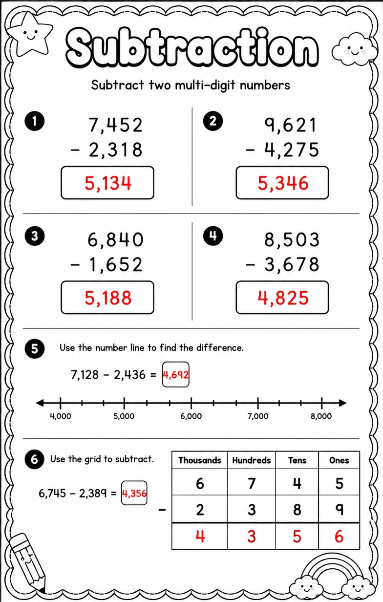 Answer key for Subtract two multi-digit numbers — free printable Math worksheet