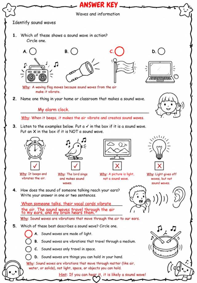 Answer key for Identify sound waves — free printable Science worksheet