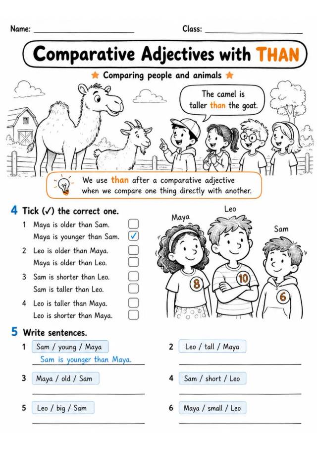 Comparative Adjectives With Than | Grades 2-3 Grammar Worksheet grades 2 3 printable PDF preview