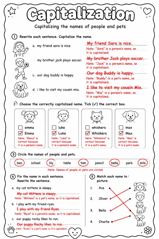 Answer key for Capitalizing the names of people and pets — free printable English & Reading worksheet