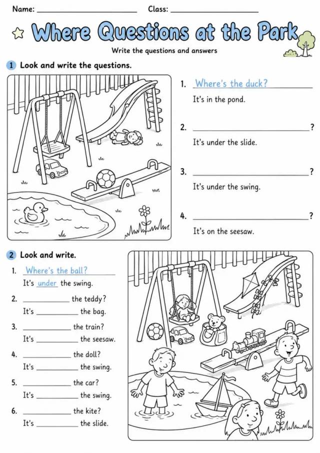 Where Questions at the Park | Grade 1 Grammar Worksheet grade 1 printable PDF preview
